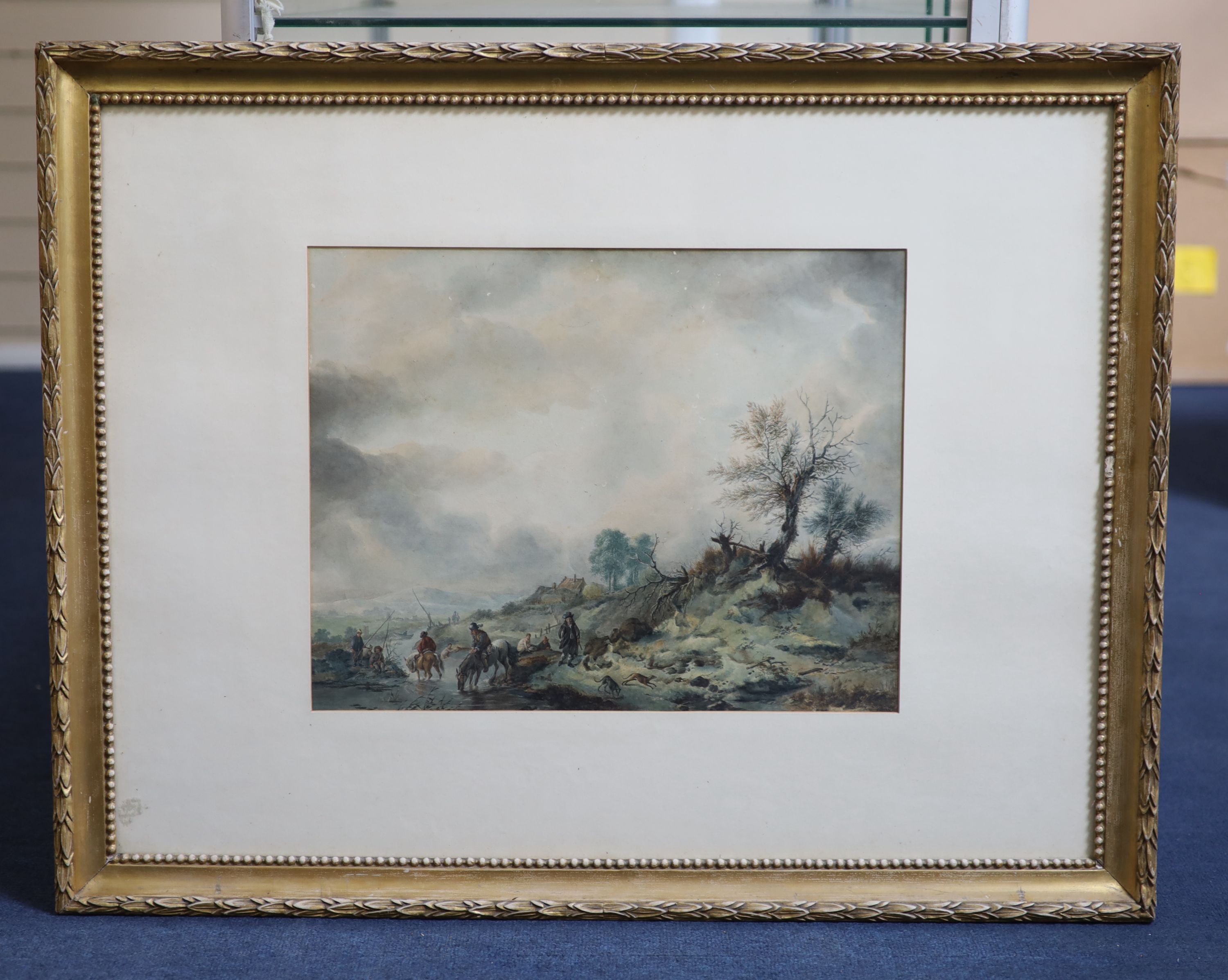 18th century Flemish School, Figures in a winter landscape, Watercolour, 35 x 44cm.